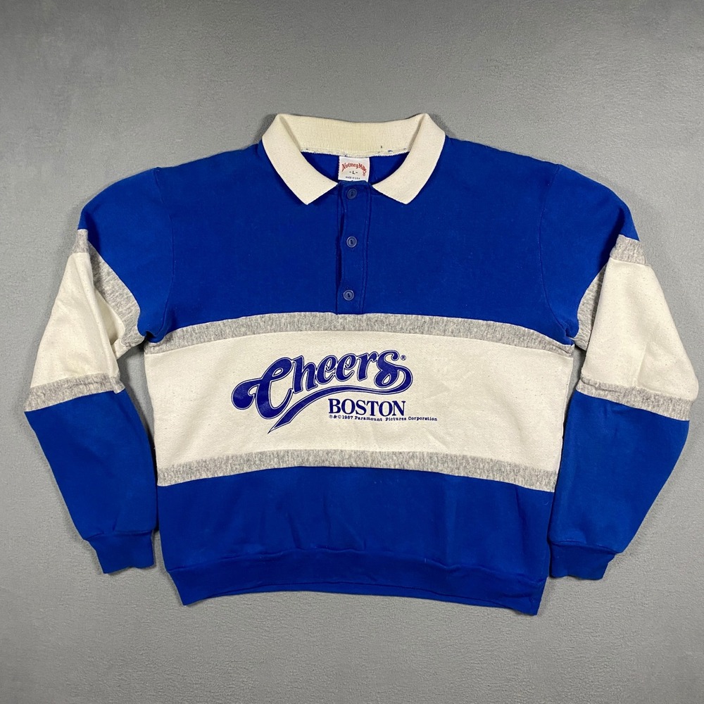 Vintage 1987 Nutmeg Mills Cheers Boston Sweatshirt Mens Large Blue Made USA
